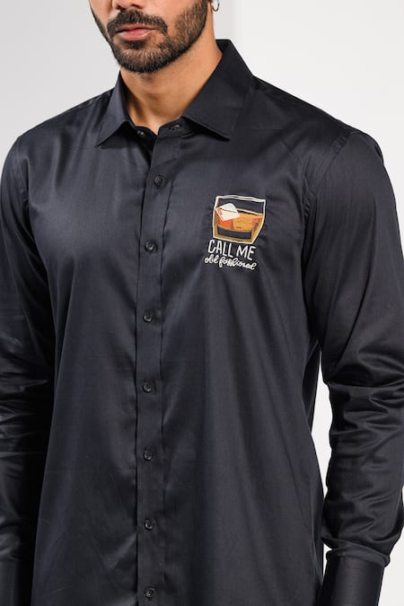 Buy_Kalpana Naik_Black Cotton Embroidery Whiskey On The Rocks Hand Shirt 