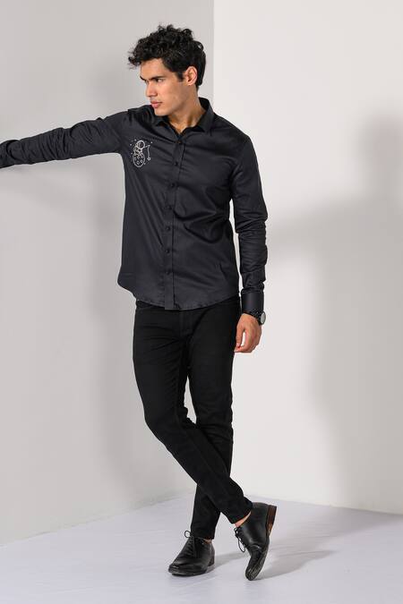 Kalpana Naik_Black Cotton Embroidery Space Explorer Thread Shirt _Online_at_Aza_Fashions