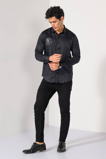 Buy_Kalpana Naik_Black Cotton Embroidery Space Explorer Thread Shirt _Online_at_Aza_Fashions