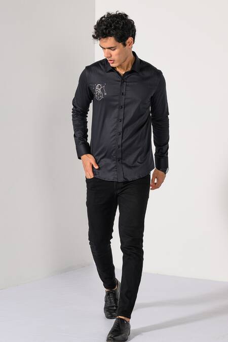 Shop_Kalpana Naik_Black Cotton Embroidery Space Explorer Thread Shirt _Online_at_Aza_Fashions