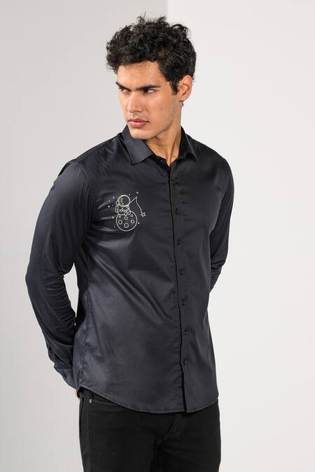 Kalpana Naik_Black Cotton Embroidery Space Explorer Thread Shirt _at_Aza_Fashions