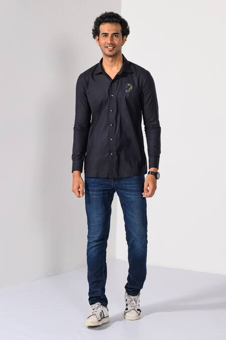 Shop_Kalpana Naik_Navy Cotton Embroidery Galaxy Glow Stretch Shirt _Online_at_Aza_Fashions