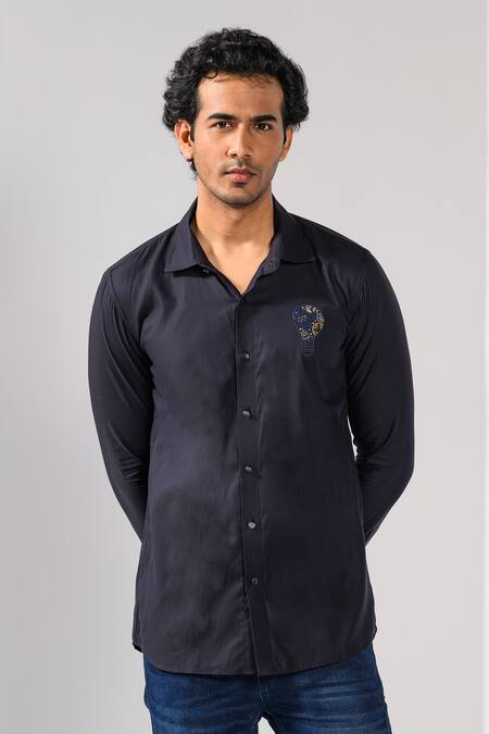 Kalpana Naik_Navy Cotton Embroidery Galaxy Glow Stretch Shirt _at_Aza_Fashions