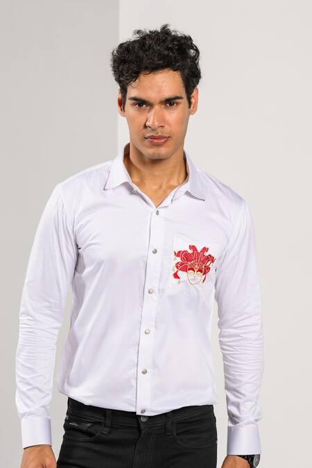 Kalpana Naik_White Cotton Embroidery Carnival Magic Mask Motif Shirt _Online_at_Aza_Fashions