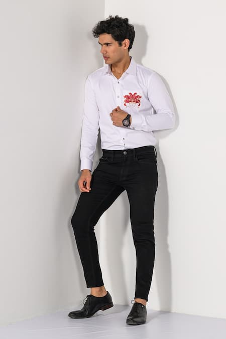 Buy_Kalpana Naik_White Cotton Embroidery Carnival Magic Mask Motif Shirt _Online_at_Aza_Fashions