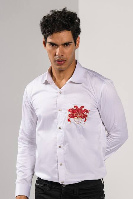 Shop_Kalpana Naik_White Cotton Embroidery Carnival Magic Mask Motif Shirt _Online_at_Aza_Fashions