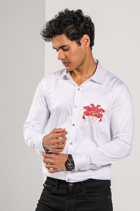 Kalpana Naik_White Cotton Embroidery Carnival Magic Mask Motif Shirt _at_Aza_Fashions