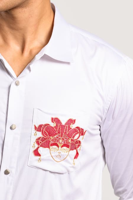 Buy_Kalpana Naik_White Cotton Embroidery Carnival Magic Mask Motif Shirt 