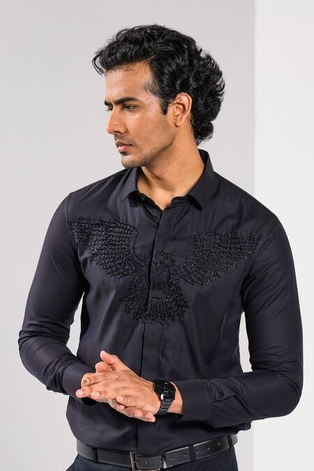 Buy_Kalpana Naik_Black , Satin Embroidery Eagle Pride Hand Shirt _Online_at_Aza_Fashions