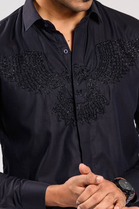 Shop_Kalpana Naik_Black , Satin Embroidery Eagle Pride Hand Shirt _Online_at_Aza_Fashions