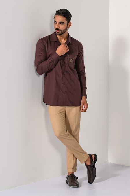 Kalpana Naik_Brown Cotton Embroidery, Beads Owl Spirit Cutdana Hand Shirt _Online_at_Aza_Fashions