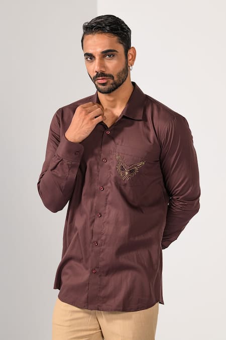 Shop_Kalpana Naik_Brown Cotton Embroidery, Beads Owl Spirit Cutdana Hand Shirt _Online_at_Aza_Fashions