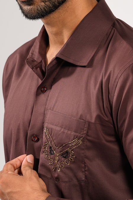 Kalpana Naik_Brown Cotton Embroidery, Beads Owl Spirit Cutdana Hand Shirt _at_Aza_Fashions