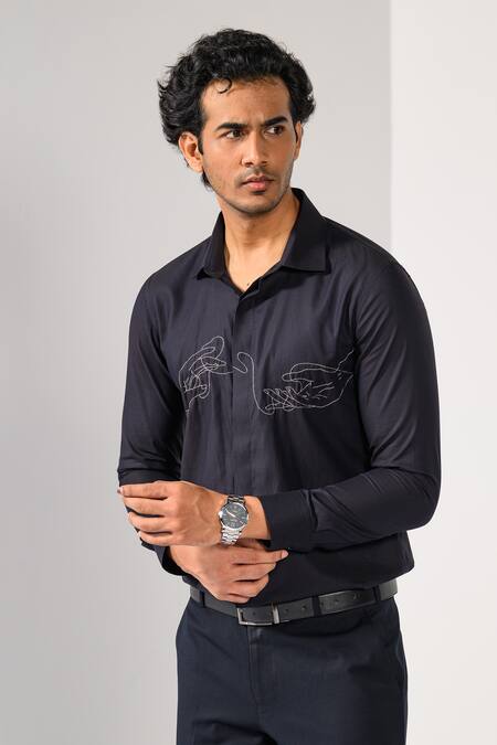 Shop_Kalpana Naik_Black Cotton Embroidery Threads Of Fate Dabka Hand Motif Shirt _Online_at_Aza_Fashions