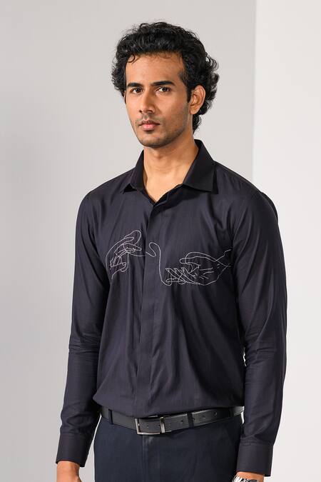 Kalpana Naik_Black Cotton Embroidery Threads Of Fate Dabka Hand Motif Shirt _at_Aza_Fashions