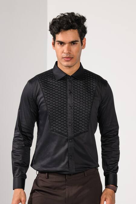 Shop Kalpana Naik Black Cotton Embroidery Honeycomb Quilted Hand Shirt Online at Aza Fashions Shop_Kalpana Naik_Black Cotton Embroidery Honeycomb Quilted Hand Shirt _Online_at_Aza_Fashions
