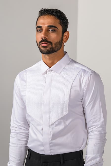 Kalpana Naik_White Cotton Embroidery Pintuck Detail Hand And Machine Shirt _Online_at_Aza_Fashions