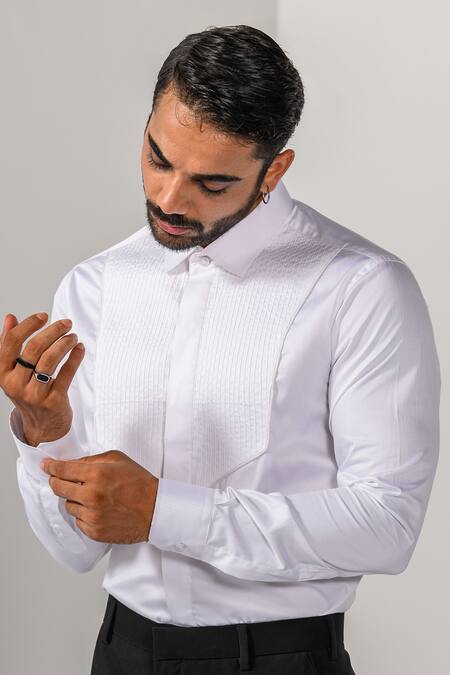 Shop_Kalpana Naik_White Cotton Embroidery Pintuck Detail Hand And Machine Shirt _Online_at_Aza_Fashions