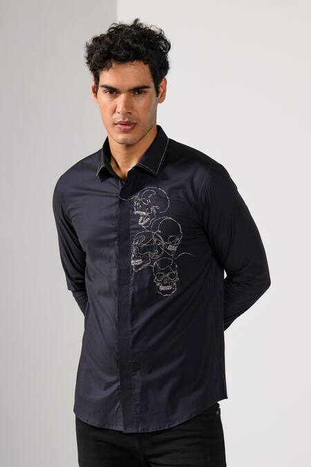 Kalpana Naik_Black Cotton Embroidery Three Grins Skull Motif And Dabka Shirt _Online_at_Aza_Fashions