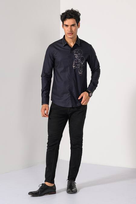 Buy_Kalpana Naik_Black Cotton Embroidery Three Grins Skull Motif And Dabka Shirt _Online_at_Aza_Fashions