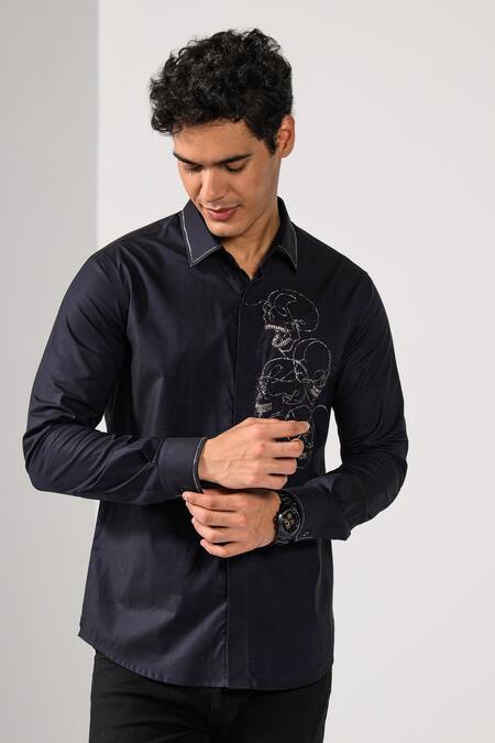 Shop_Kalpana Naik_Black Cotton Embroidery Three Grins Skull Motif And Dabka Shirt _Online_at_Aza_Fashions