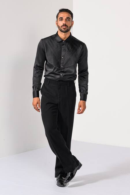 Kalpana Naik_Black Cotton Pintuck Detail Giza Shirt _Online_at_Aza_Fashions