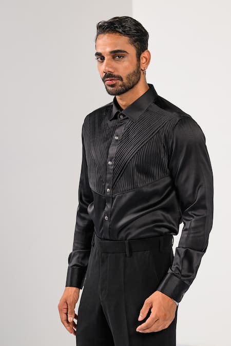 Buy_Kalpana Naik_Black Cotton Pintuck Detail Giza Shirt _Online_at_Aza_Fashions