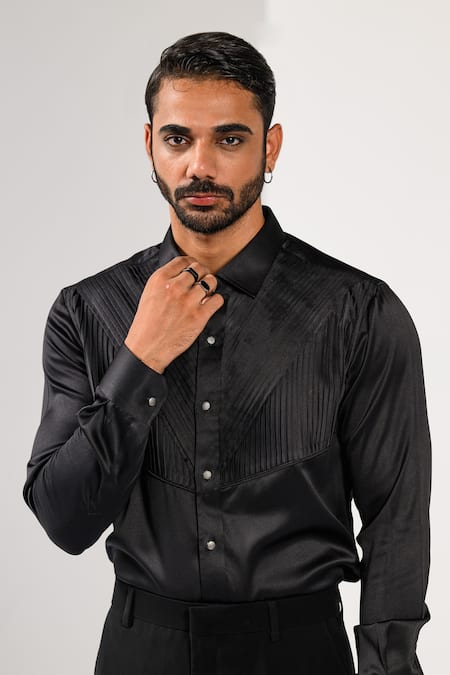 Shop_Kalpana Naik_Black Cotton Pintuck Detail Giza Shirt _Online_at_Aza_Fashions