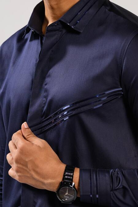 Shop_Kalpana Naik_Navy Cotton Pintuck Stripe Shirt _Online_at_Aza_Fashions