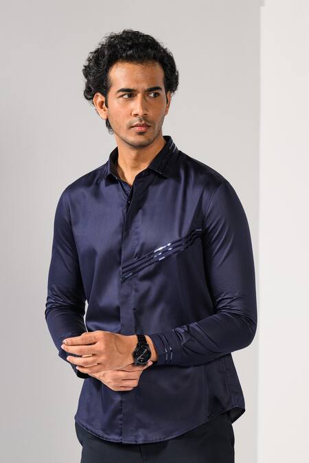 Kalpana Naik_Navy Cotton Pintuck Stripe Shirt _at_Aza_Fashions