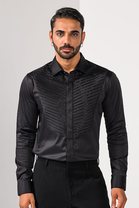 Buy_Kalpana Naik_Black Cotton Embroidery Pintuck Detail Shirt _Online_at_Aza_Fashions