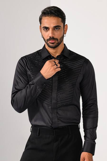 Shop_Kalpana Naik_Black Cotton Embroidery Pintuck Detail Shirt _Online_at_Aza_Fashions
