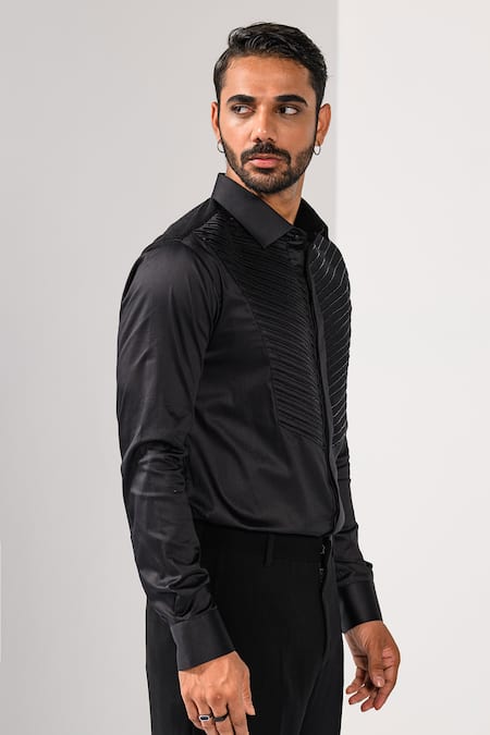 Kalpana Naik_Black Cotton Embroidery Pintuck Detail Shirt _at_Aza_Fashions
