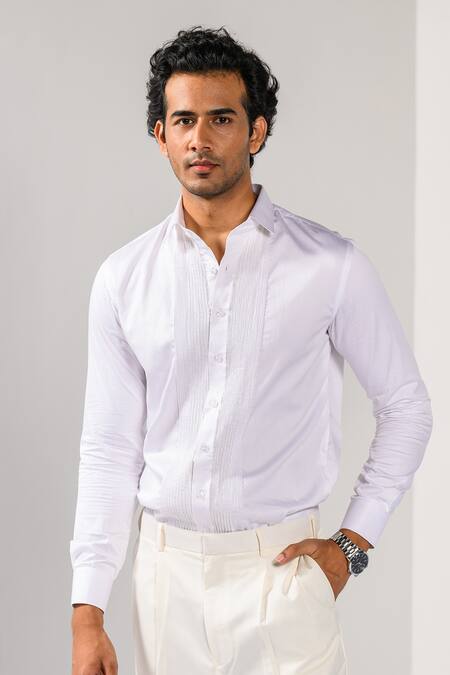 Buy_Kalpana Naik_White Cotton Embroidery, Stones Pintuck Detail Shirt _Online_at_Aza_Fashions