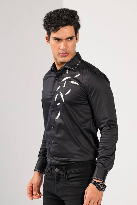 Kalpana Naik_Black Cotton Embroidery Feather Fall Elegance Shirt _Online_at_Aza_Fashions