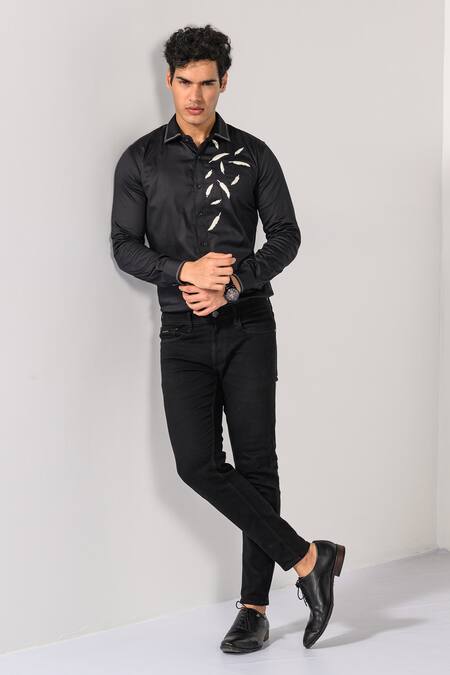 Buy_Kalpana Naik_Black Cotton Embroidery Feather Fall Elegance Shirt _Online_at_Aza_Fashions