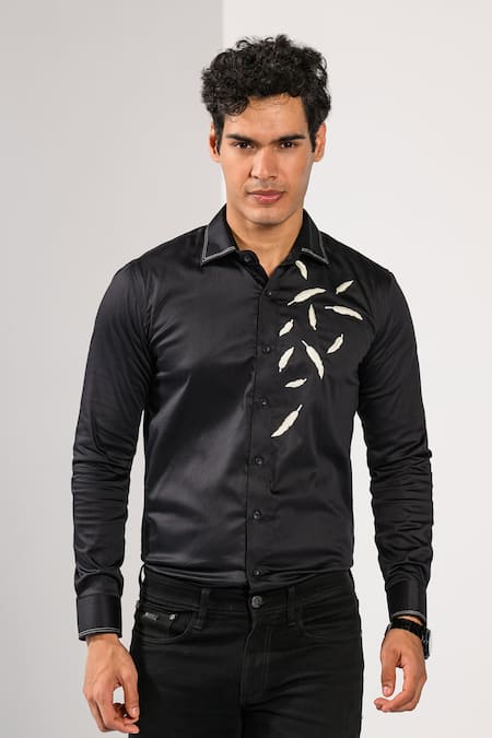 Shop_Kalpana Naik_Black Cotton Embroidery Feather Fall Elegance Shirt _Online_at_Aza_Fashions