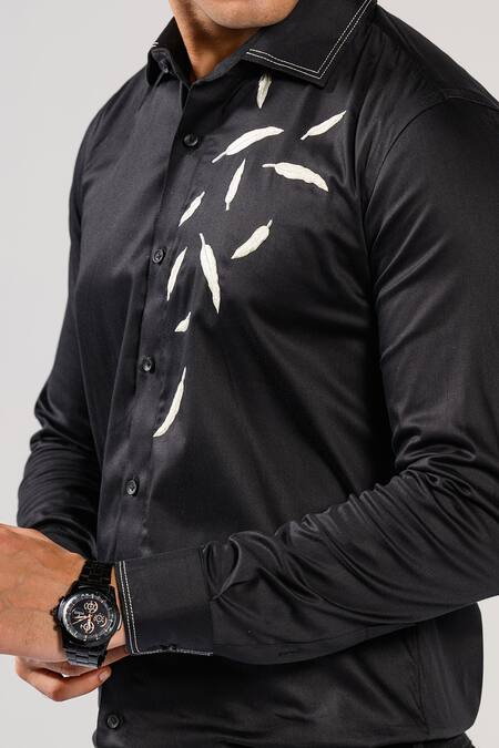 Kalpana Naik_Black Cotton Embroidery Feather Fall Elegance Shirt _at_Aza_Fashions