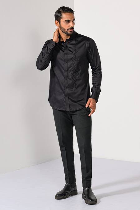 Kalpana Naik_Black Cotton Embroidery Geometric Panel Thread And Cutdana Shirt _Online_at_Aza_Fashions