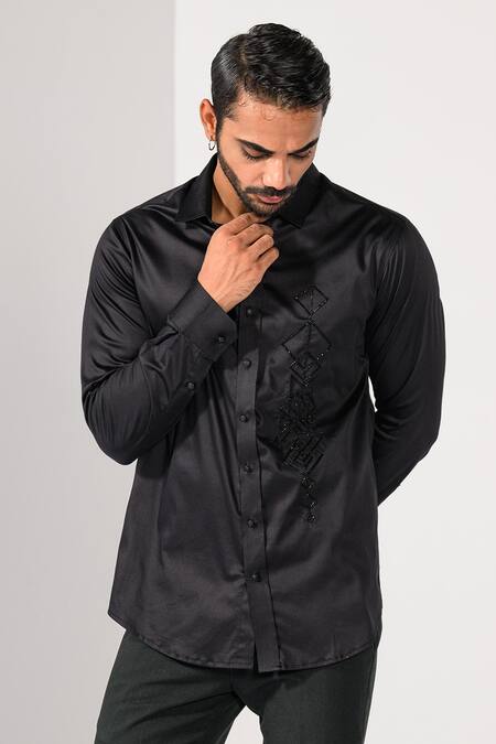 Buy_Kalpana Naik_Black Cotton Embroidery Geometric Panel Thread And Cutdana Shirt _Online_at_Aza_Fashions