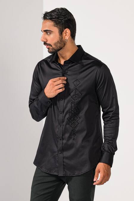 Shop_Kalpana Naik_Black Cotton Embroidery Geometric Panel Thread And Cutdana Shirt _Online_at_Aza_Fashions