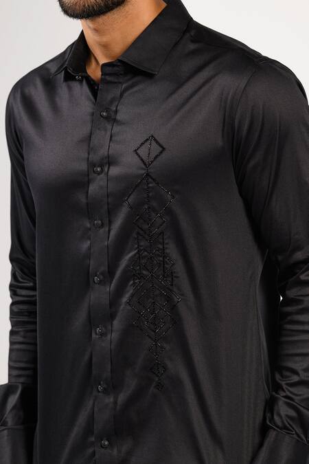 Kalpana Naik_Black Cotton Embroidery Geometric Panel Thread And Cutdana Shirt _at_Aza_Fashions