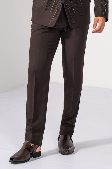 Kalpana Naik_Brown Crepe Embroidery, Stones, Metallic Geometric Tuxedo Blazer And Trouser Set _Online_at_Aza_Fashions