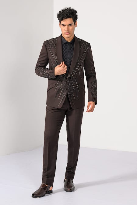 Kalpana Naik Geometric Brown Embroidered Tuxedo Blazer & Trouser Set 