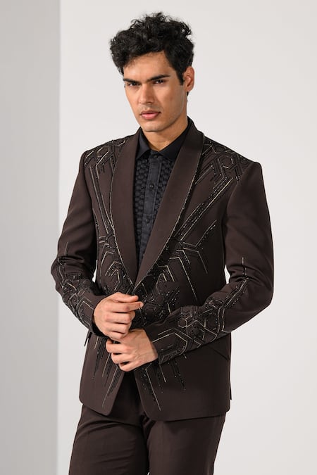 Buy_Kalpana Naik_Brown Crepe Embroidery, Stones, Metallic Geometric Tuxedo Blazer And Trouser Set _Online_at_Aza_Fashions