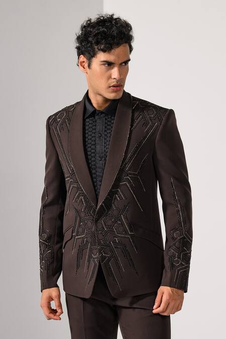 Shop_Kalpana Naik_Brown Crepe Embroidery, Stones, Metallic Geometric Tuxedo Blazer And Trouser Set _Online_at_Aza_Fashions