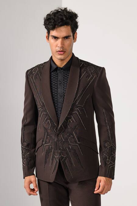 Kalpana Naik_Brown Crepe Embroidery, Stones, Metallic Geometric Tuxedo Blazer And Trouser Set _at_Aza_Fashions