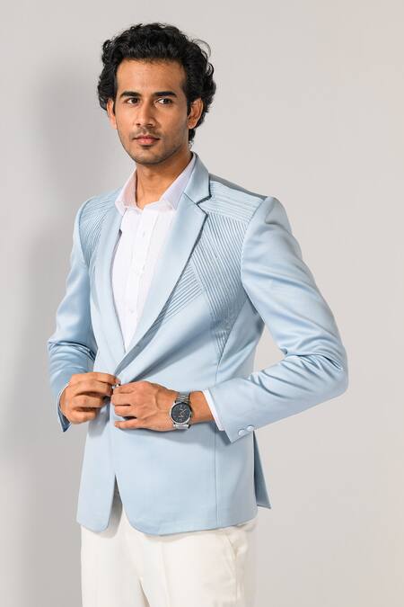 Kalpana Naik Sky Blue Crepe Embroidery Ice Pintuck Tuxedo Blazer And Trouser Set Online at Aza Fashions Kalpana Naik_Sky Blue Crepe Embroidery Ice Pintuck Tuxedo Blazer And Trouser Set _Online_at_Aza_Fashions