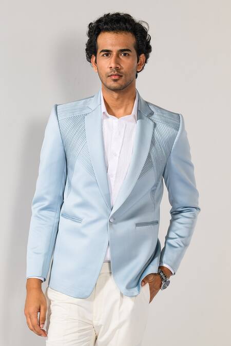 Buy Kalpana Naik Sky Blue Crepe Embroidery Ice Pintuck Tuxedo Blazer And Trouser Set Online at Aza Fashions Buy_Kalpana Naik_Sky Blue Crepe Embroidery Ice Pintuck Tuxedo Blazer And Trouser Set _Online_at_Aza_Fashions