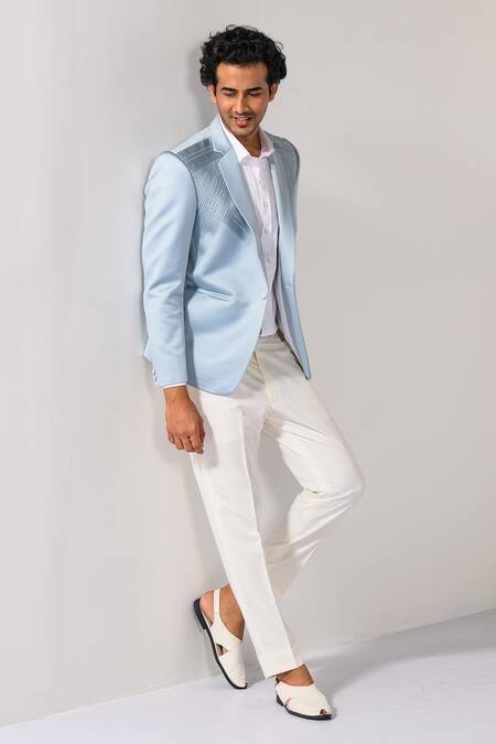 Kalpana Naik Sky Blue Crepe Embroidery Ice Pintuck Tuxedo Blazer And Trouser Set at Aza Fashions Kalpana Naik_Sky Blue Crepe Embroidery Ice Pintuck Tuxedo Blazer And Trouser Set _at_Aza_Fashions